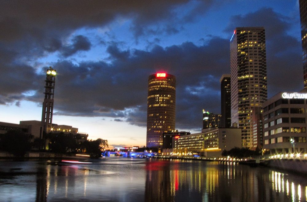 Tampa skyline and Riverwalk lit up at night